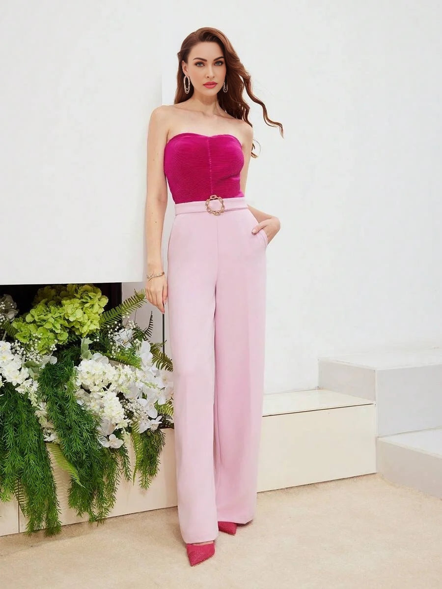 PREMIUM TWO TONE BUCKLE BELTED TUBE JUMPSUIT