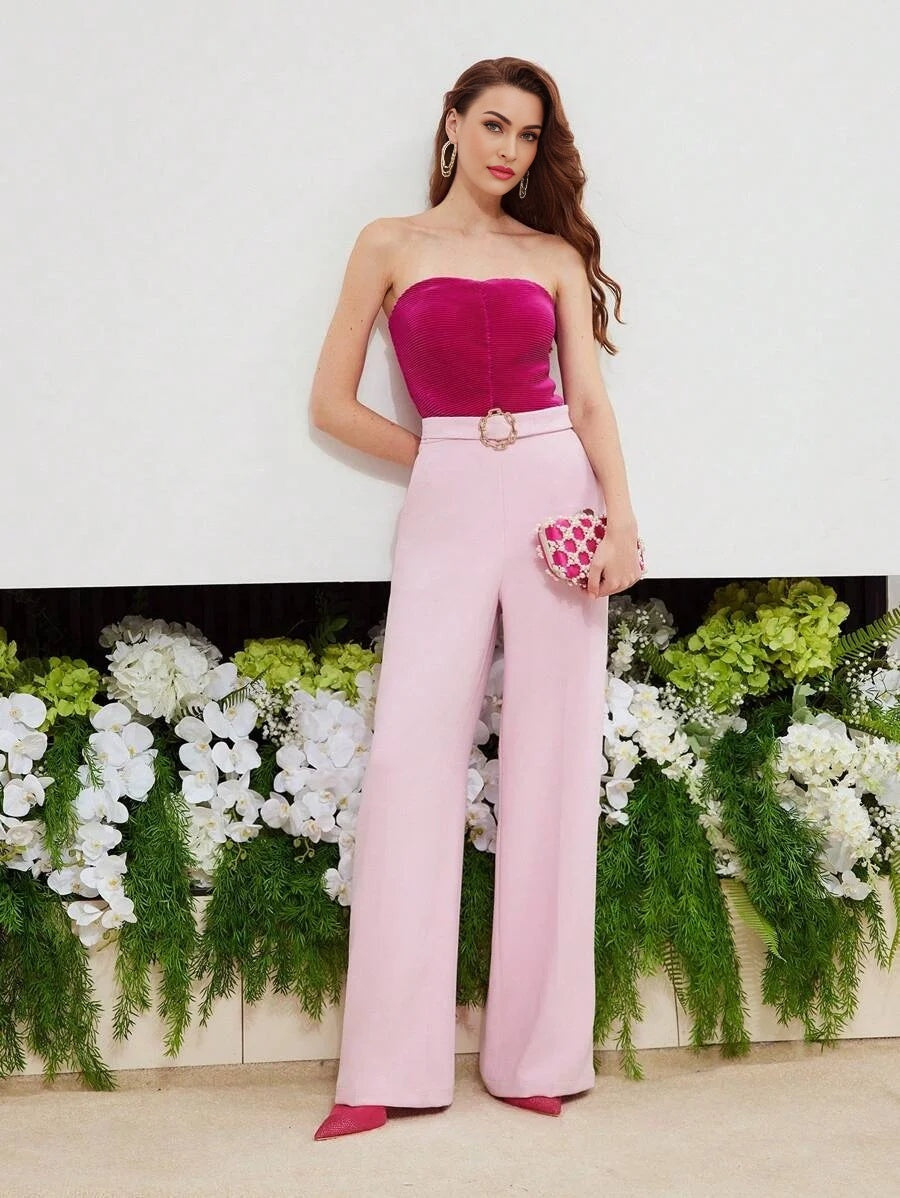 PREMIUM TWO TONE BUCKLE BELTED TUBE JUMPSUIT