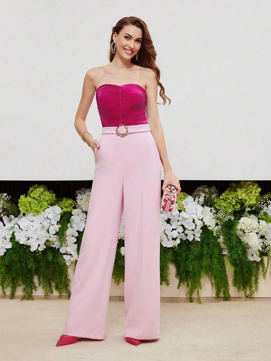PREMIUM TWO TONE BUCKLE BELTED TUBE JUMPSUIT