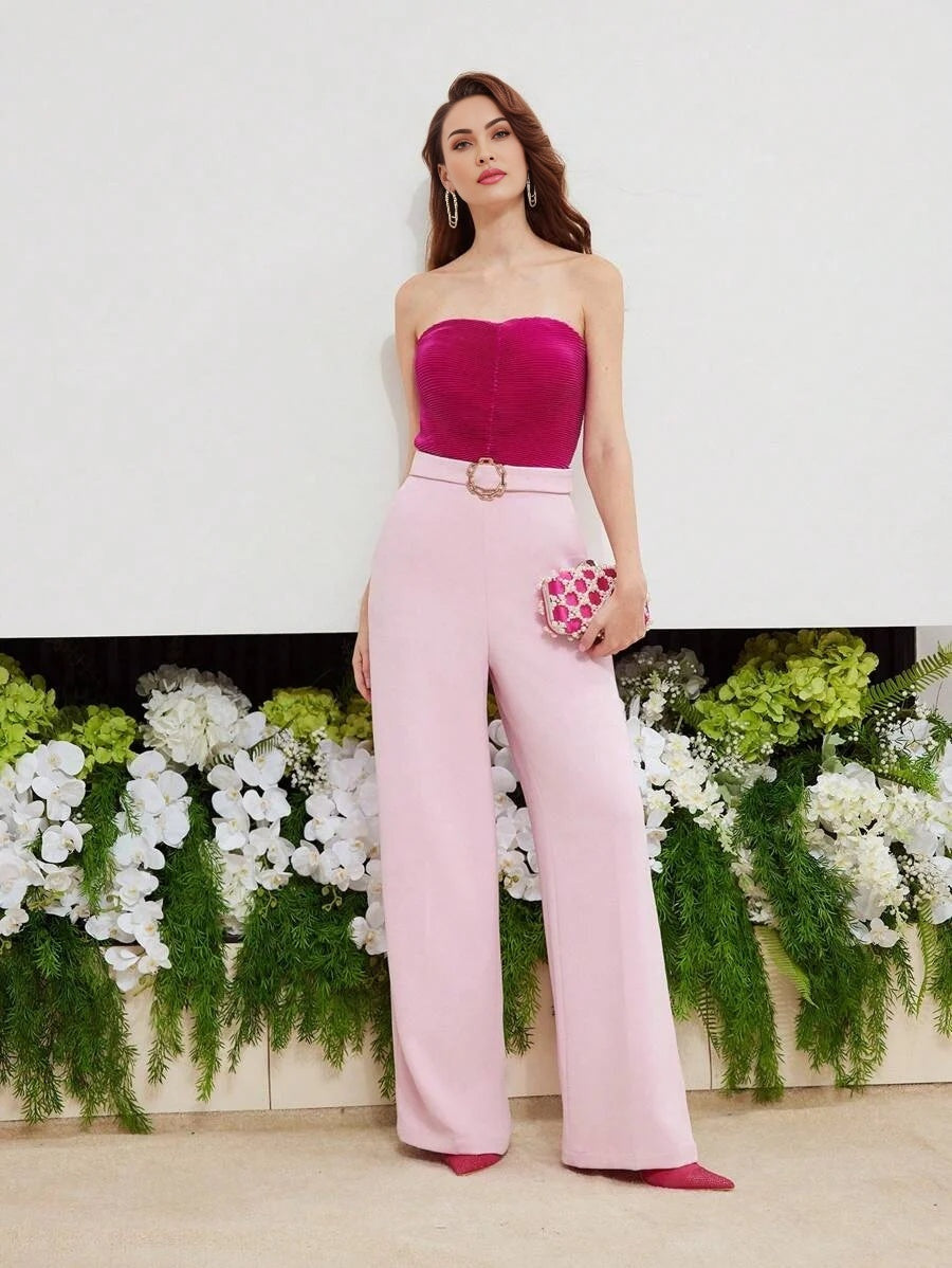 PREMIUM TWO TONE BUCKLE BELTED TUBE JUMPSUIT