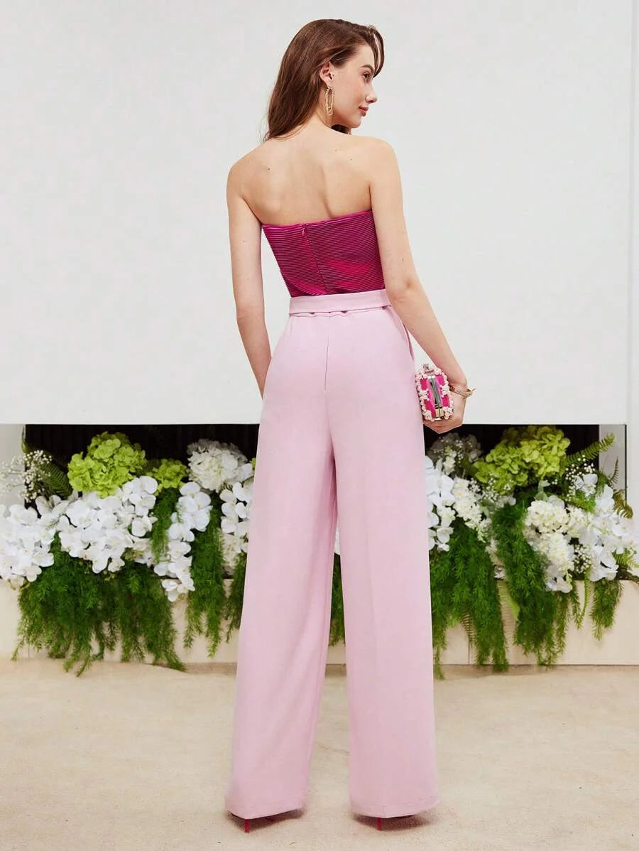 PREMIUM TWO TONE BUCKLE BELTED TUBE JUMPSUIT