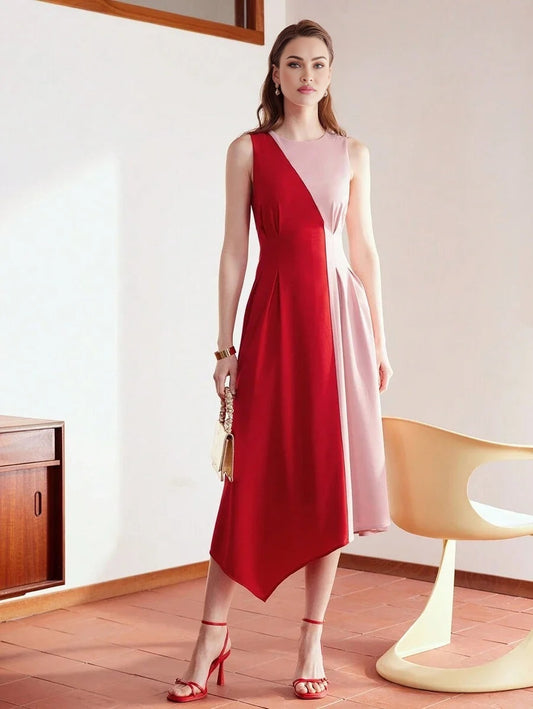 PREMIUM TWO TONE FOLD PLEATED ASYMMETRICAL HEM DRESS