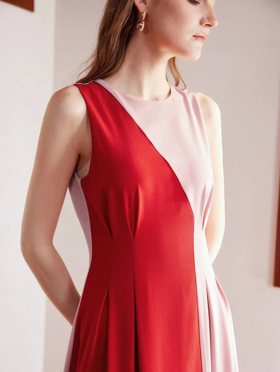 PREMIUM TWO TONE FOLD PLEATED ASYMMETRICAL HEM DRESS