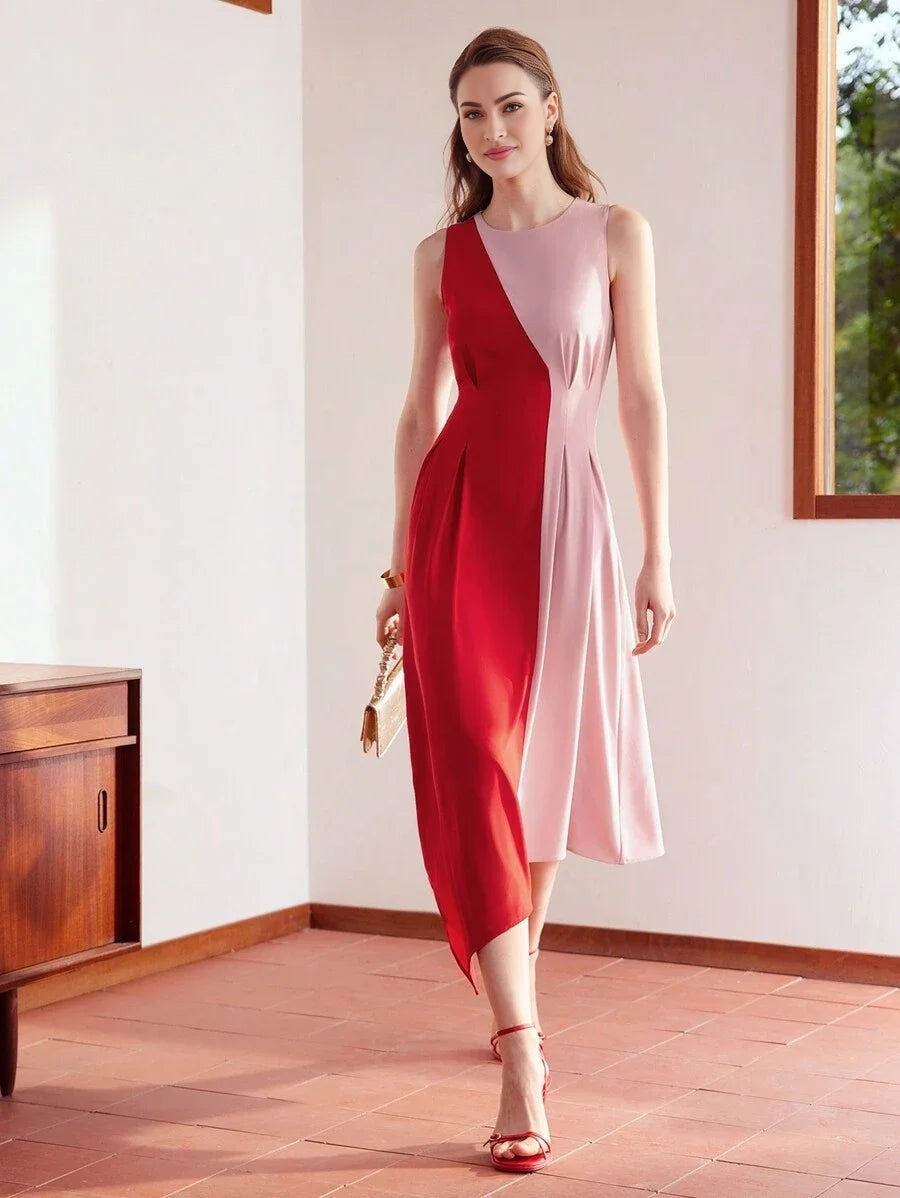 PREMIUM TWO TONE FOLD PLEATED ASYMMETRICAL HEM DRESS