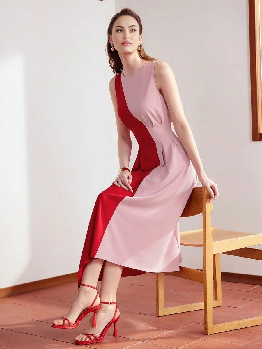 PREMIUM TWO TONE FOLD PLEATED ASYMMETRICAL HEM DRESS