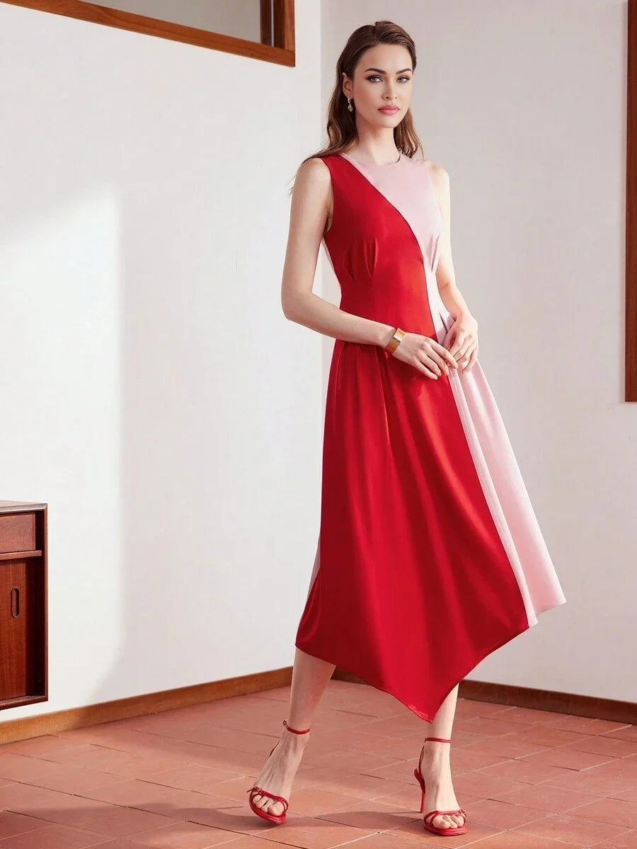 PREMIUM TWO TONE FOLD PLEATED ASYMMETRICAL HEM DRESS