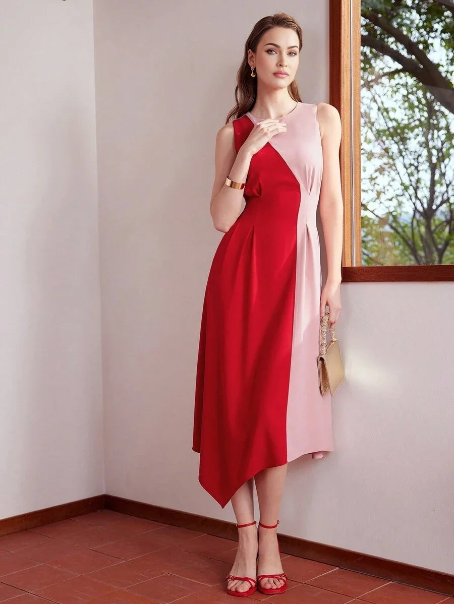 PREMIUM TWO TONE FOLD PLEATED ASYMMETRICAL HEM DRESS