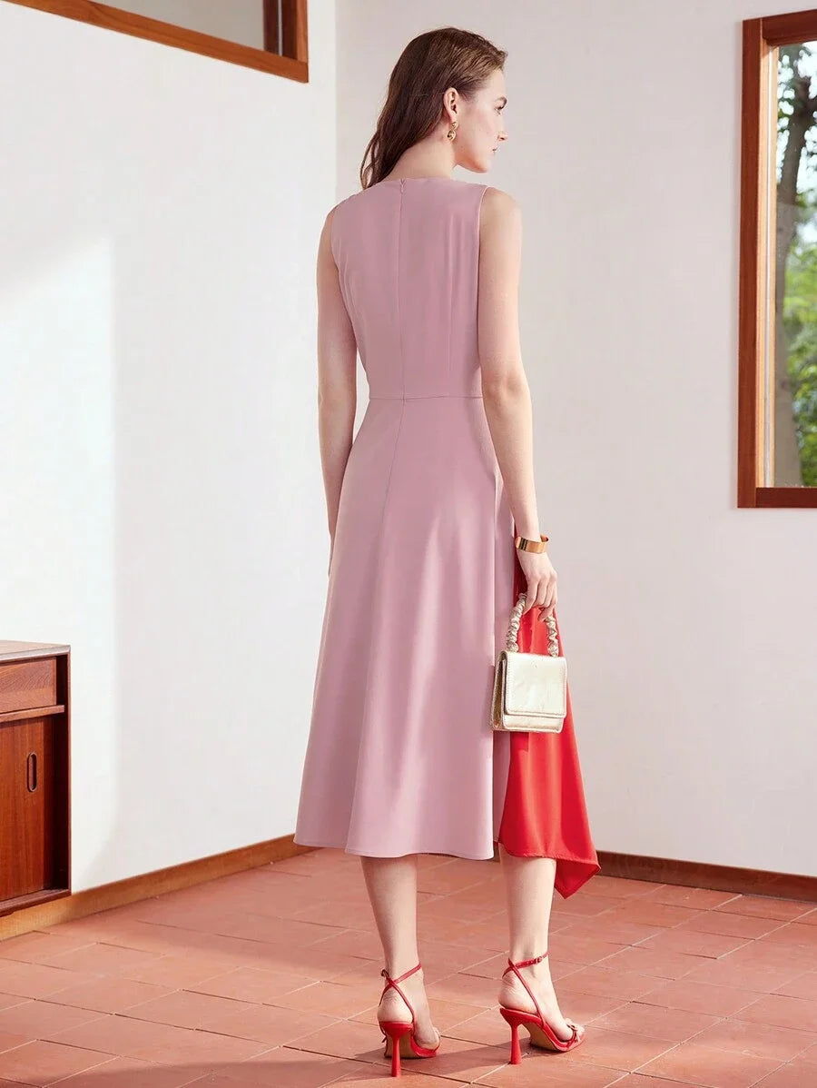 PREMIUM TWO TONE FOLD PLEATED ASYMMETRICAL HEM DRESS