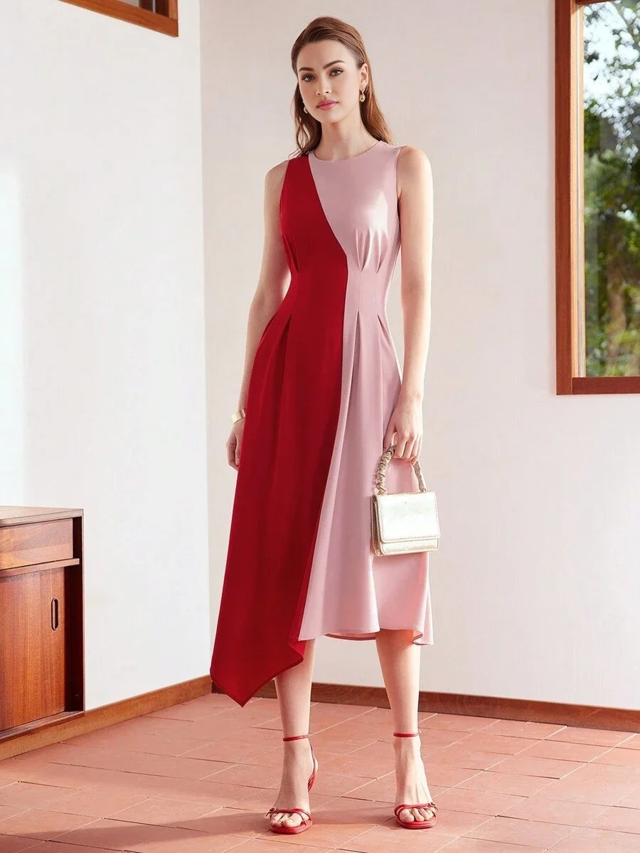 PREMIUM TWO TONE FOLD PLEATED ASYMMETRICAL HEM DRESS