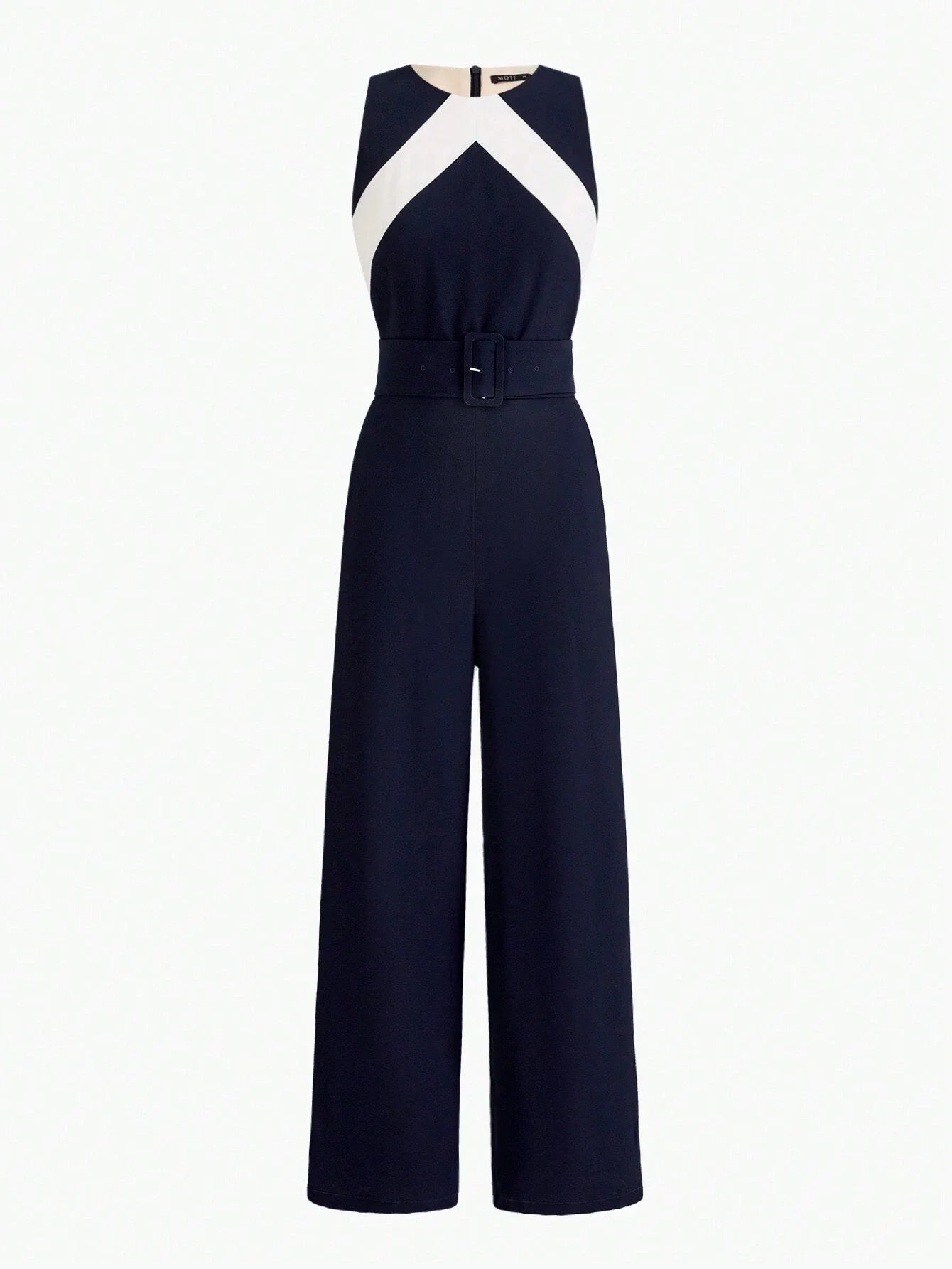 PREMIUM TWO TONE SLANT POCKET BUCKLE BELTED JUMPSUIT