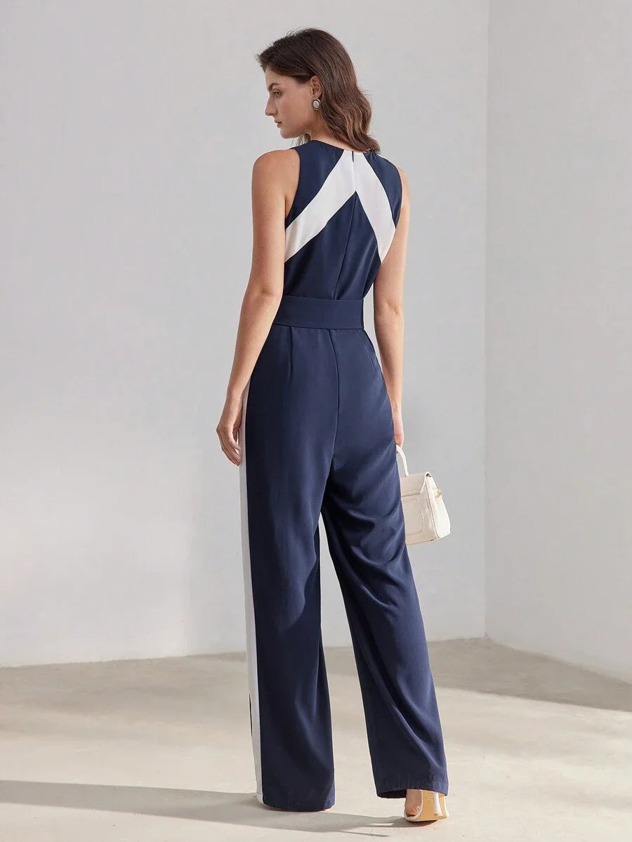 PREMIUM TWO TONE SLANT POCKET BUCKLE BELTED JUMPSUIT