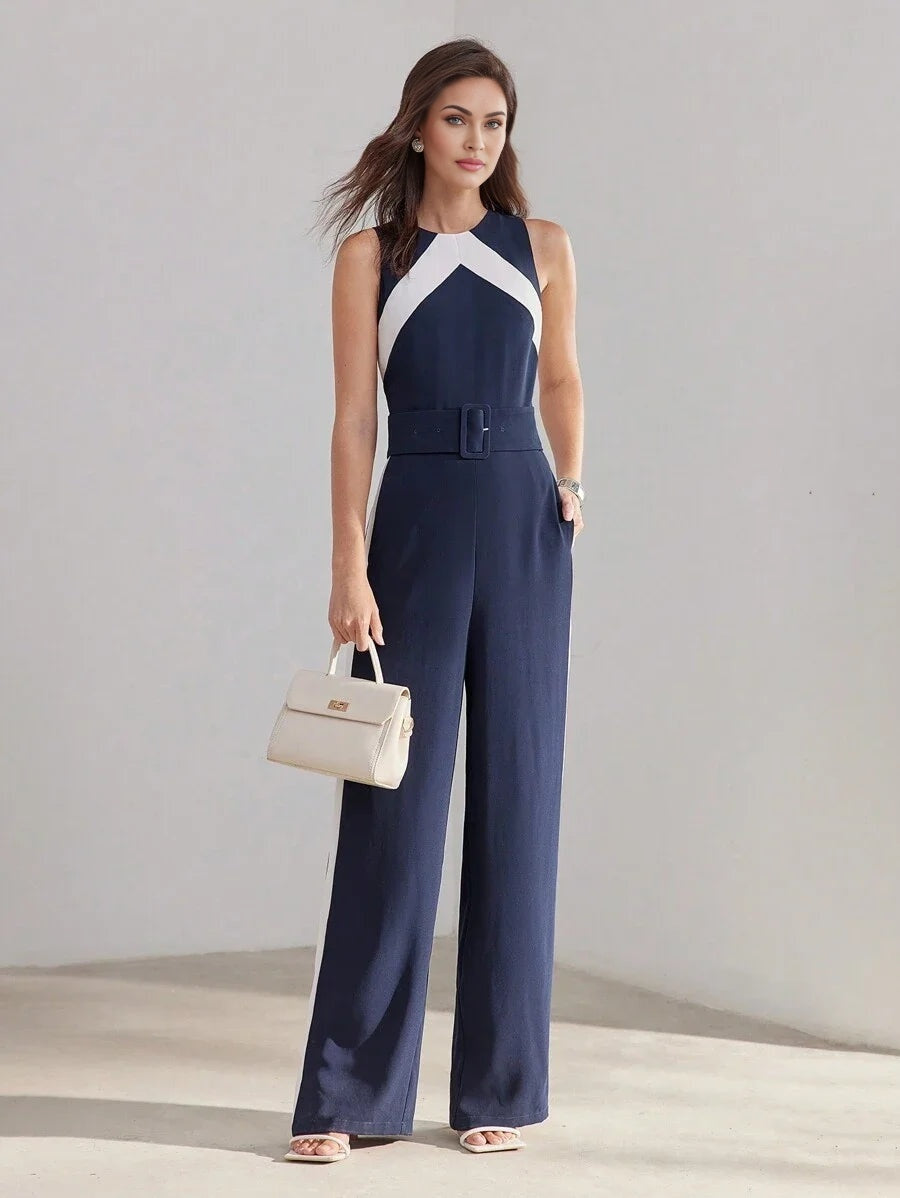 PREMIUM TWO TONE SLANT POCKET BUCKLE BELTED JUMPSUIT