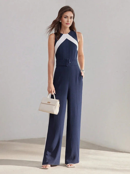 PREMIUM TWO TONE SLANT POCKET BUCKLE BELTED JUMPSUIT