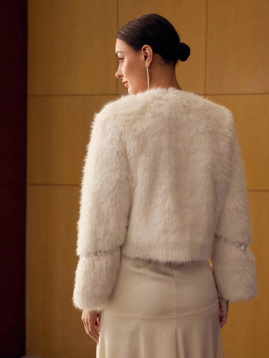 PREMIUM V NECK BUTTON UP FAUX FUR COAT