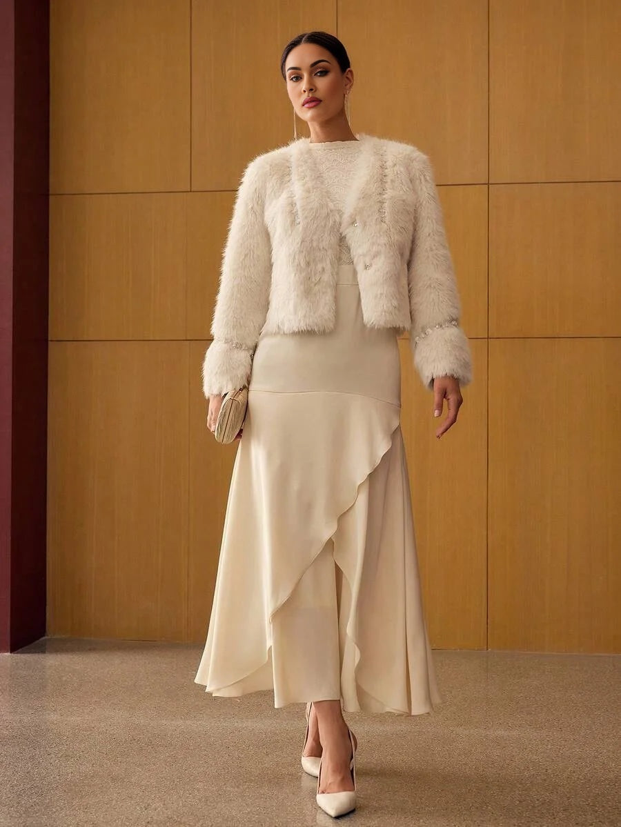 PREMIUM V NECK BUTTON UP FAUX FUR COAT