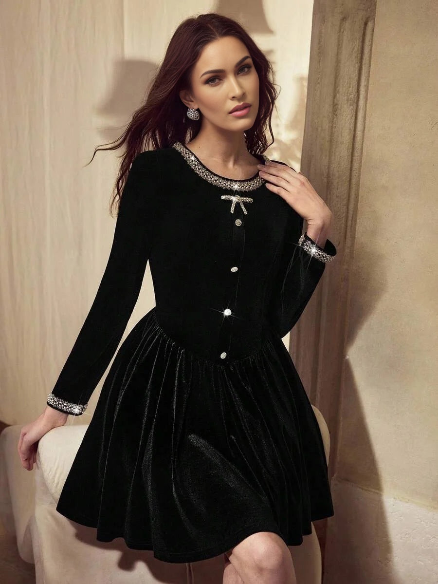 PREMIUM VELVET BLACK RHINESTONE DECOR WAIST CINCHED SHORT DRESS