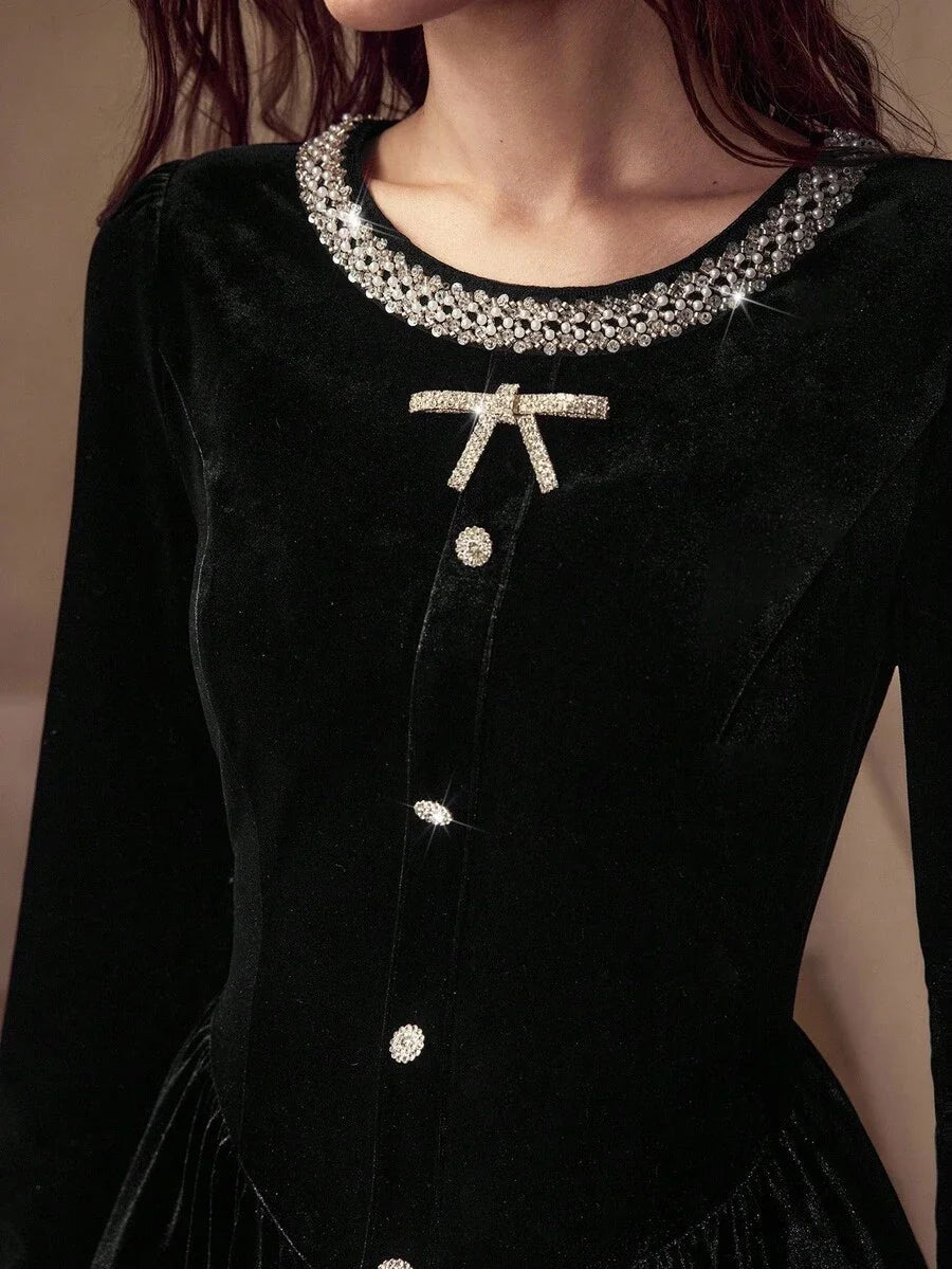 PREMIUM VELVET BLACK RHINESTONE DECOR WAIST CINCHED SHORT DRESS