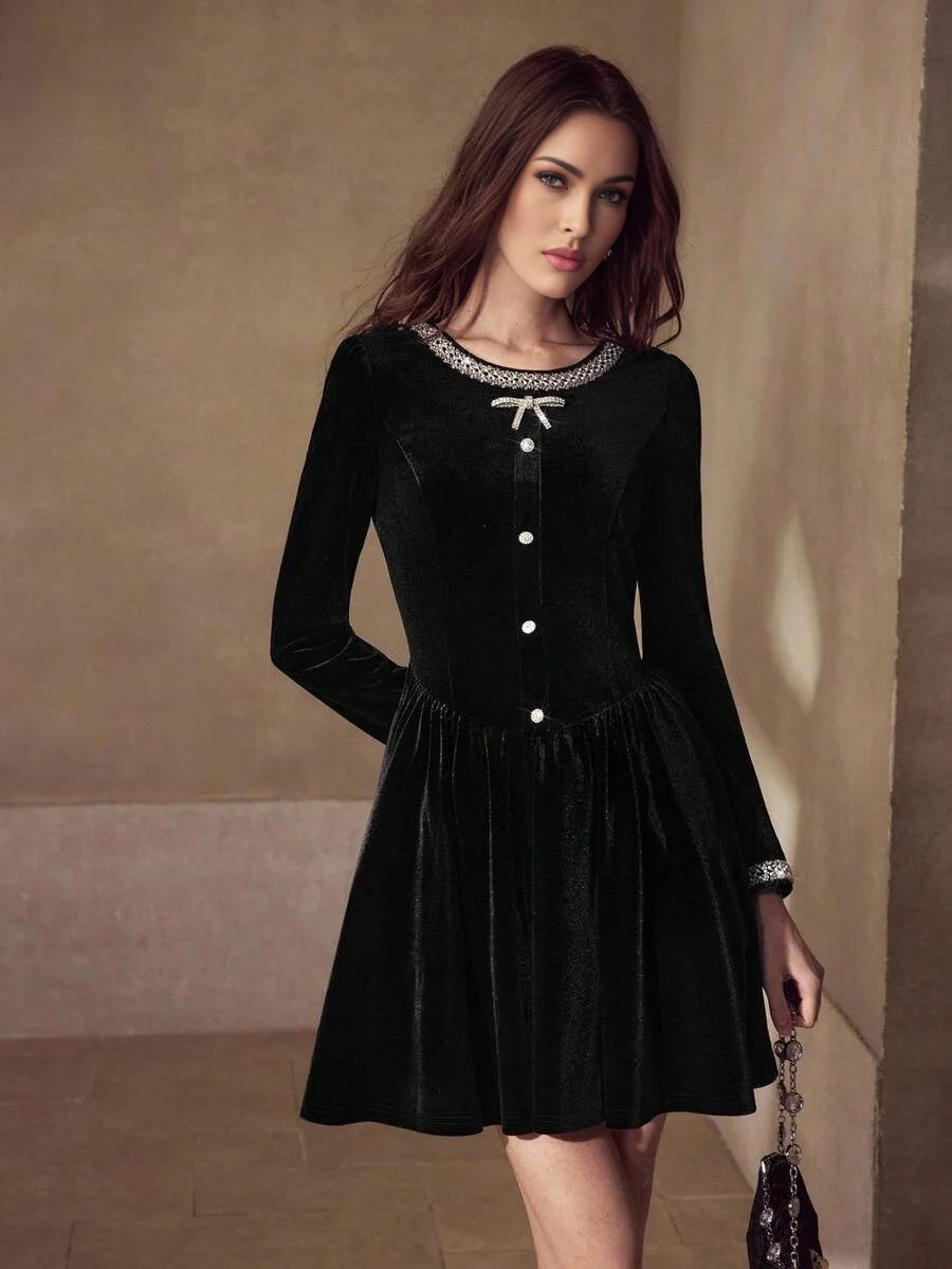 PREMIUM VELVET BLACK RHINESTONE DECOR WAIST CINCHED SHORT DRESS