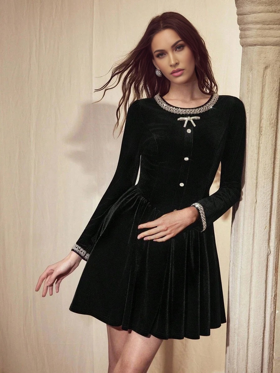 PREMIUM VELVET BLACK RHINESTONE DECOR WAIST CINCHED SHORT DRESS