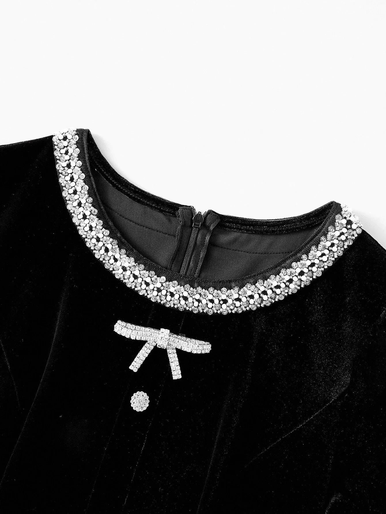 PREMIUM VELVET BLACK RHINESTONE DECOR WAIST CINCHED SHORT DRESS