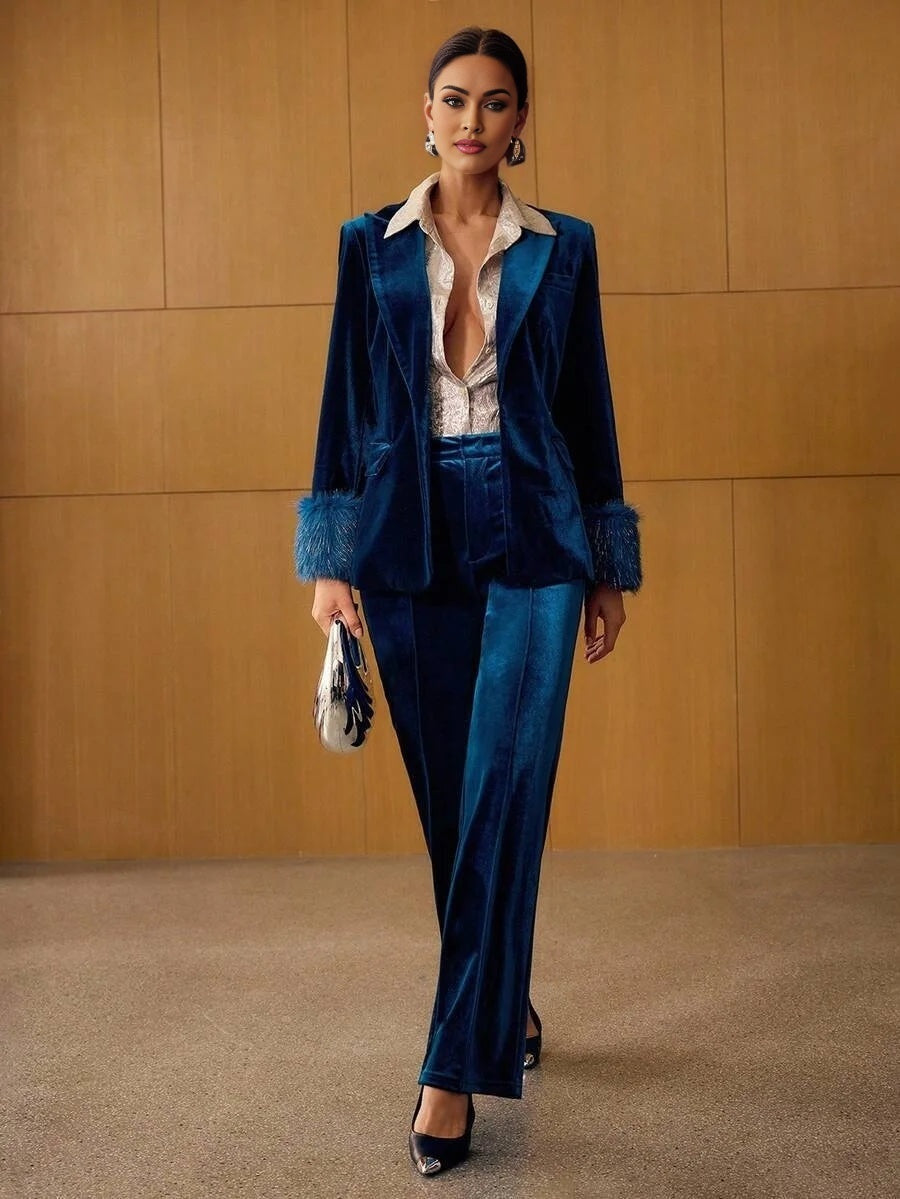 PREMIUM VELVET CONTRAST FAUX FUR STRUCTURED BLAZER AUTUMNWINTER