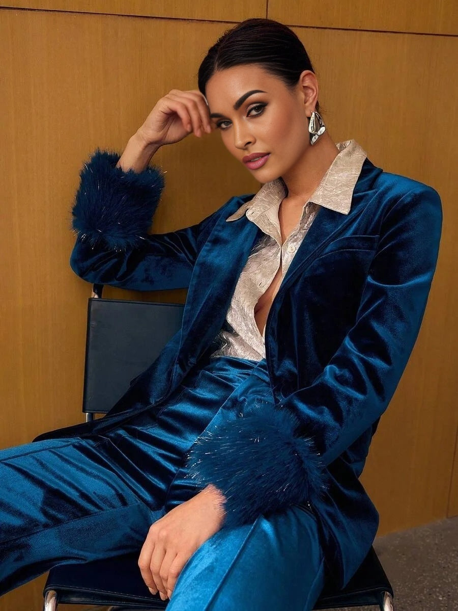 PREMIUM VELVET CONTRAST FAUX FUR STRUCTURED BLAZER AUTUMNWINTER