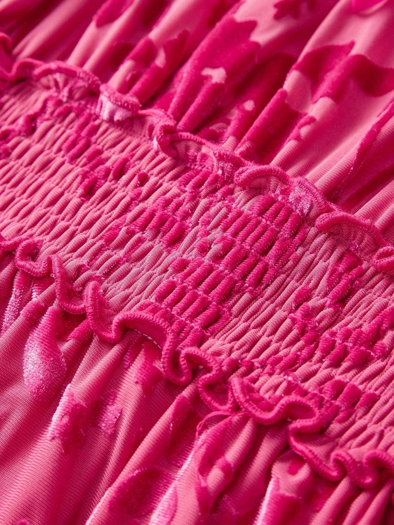 PREMIUM VELVET FLOWER JACQUARDnbspFRILL TIE NECK LANTERN SLEEVE SHIRRED WAIST MIDI DRESS FOR