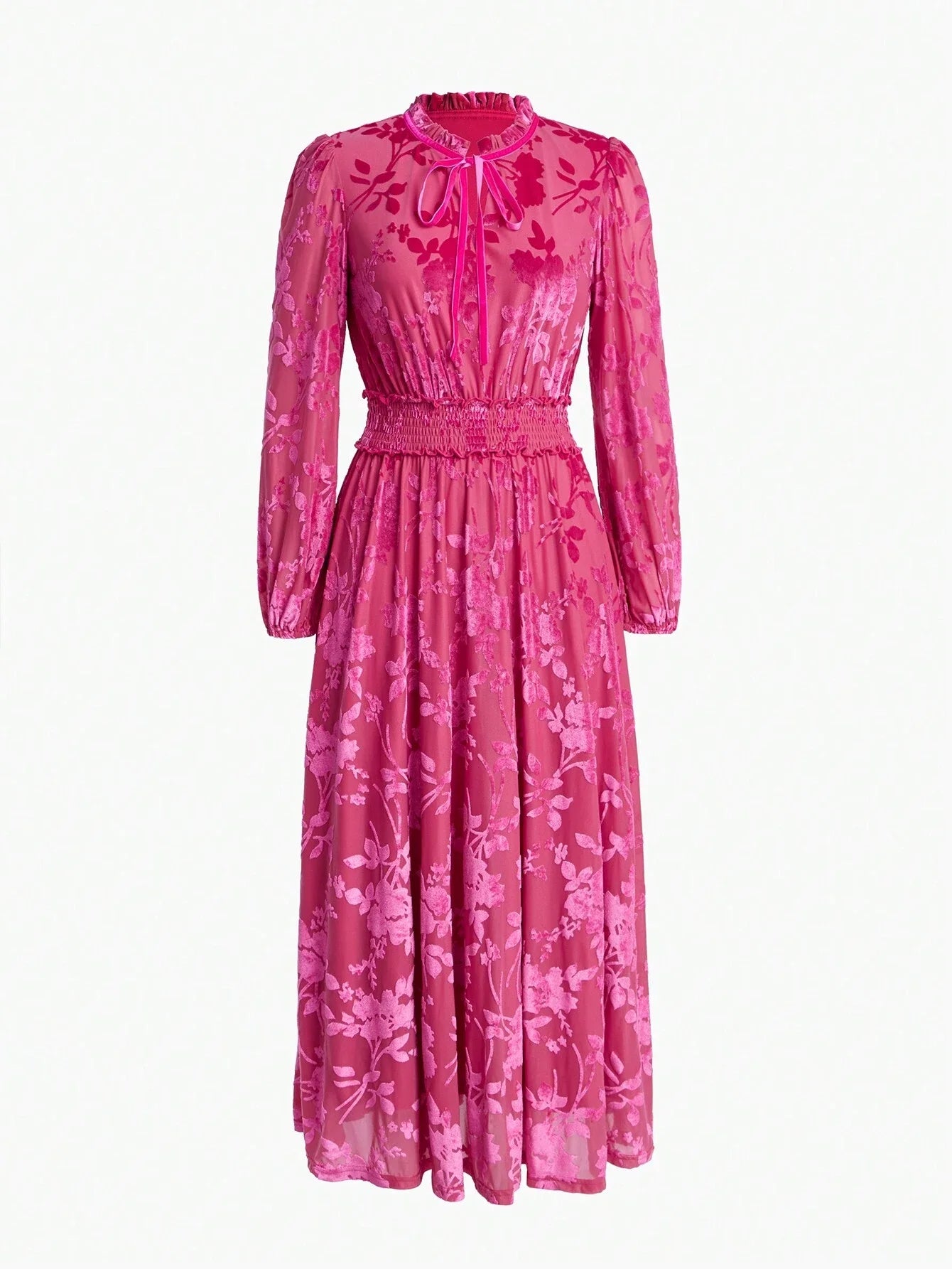 PREMIUM VELVET FLOWER JACQUARDnbspFRILL TIE NECK LANTERN SLEEVE SHIRRED WAIST MIDI DRESS FOR