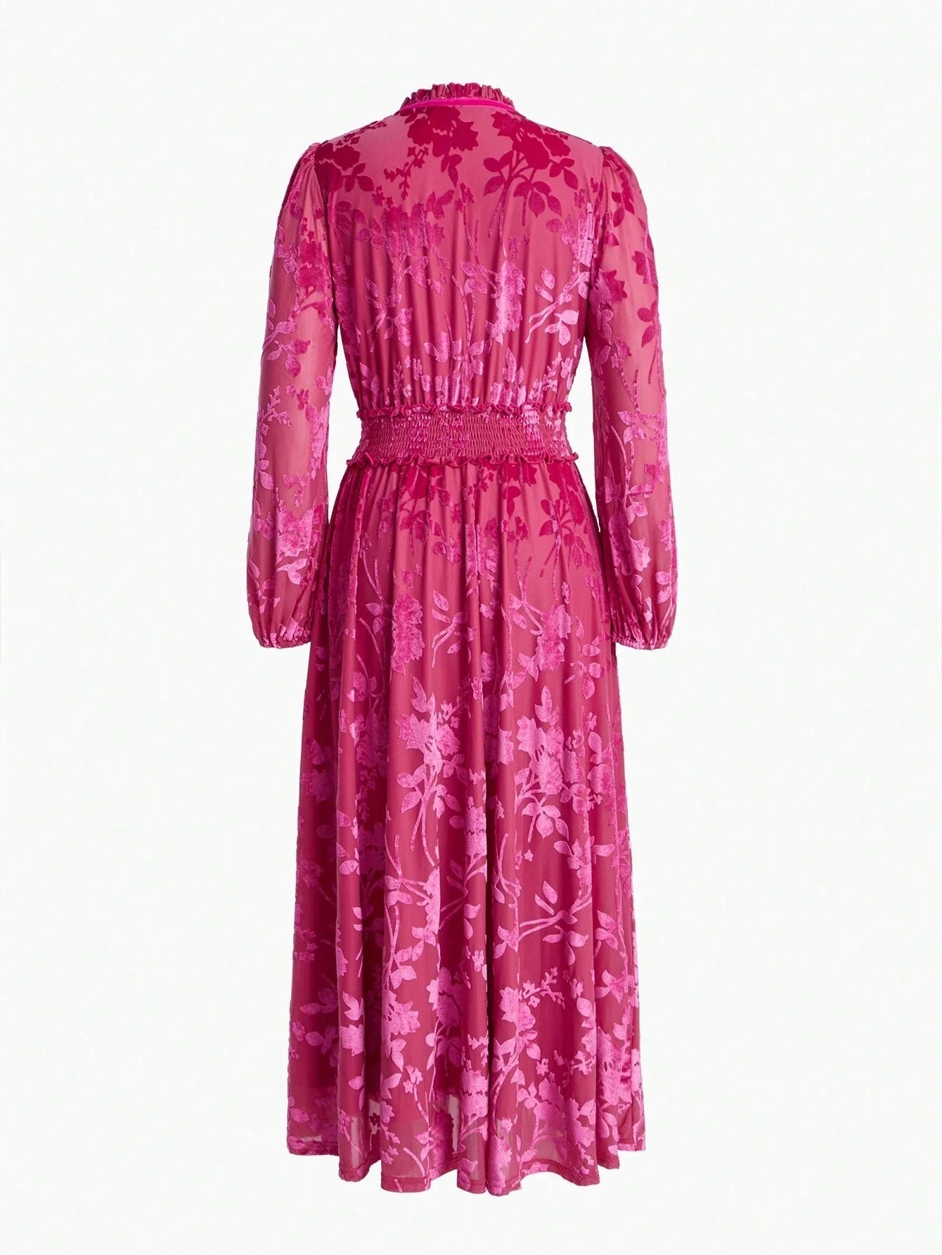 PREMIUM VELVET FLOWER JACQUARDnbspFRILL TIE NECK LANTERN SLEEVE SHIRRED WAIST MIDI DRESS FOR