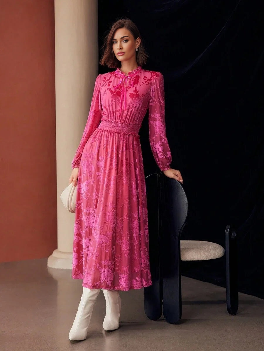 PREMIUM VELVET FLOWER JACQUARDnbspFRILL TIE NECK LANTERN SLEEVE SHIRRED WAIST MIDI DRESS FOR