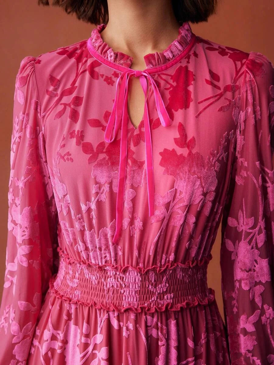 PREMIUM VELVET FLOWER JACQUARDnbspFRILL TIE NECK LANTERN SLEEVE SHIRRED WAIST MIDI DRESS FOR
