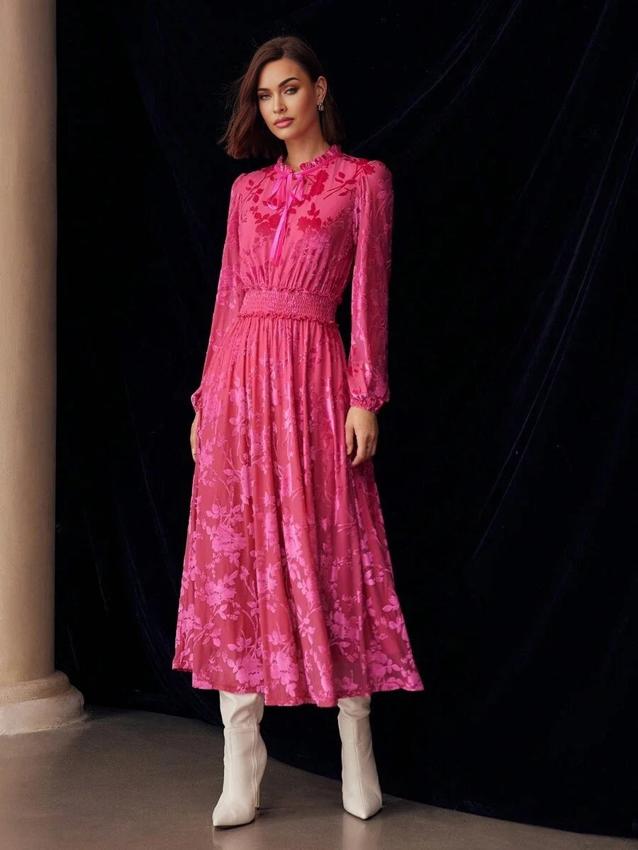 PREMIUM VELVET FLOWER JACQUARDnbspFRILL TIE NECK LANTERN SLEEVE SHIRRED WAIST MIDI DRESS FOR