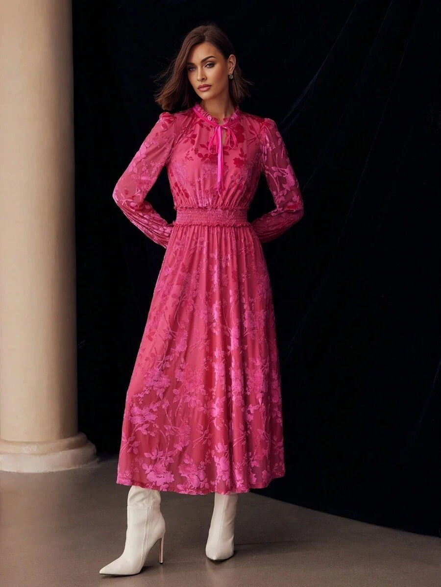 PREMIUM VELVET FLOWER JACQUARDnbspFRILL TIE NECK LANTERN SLEEVE SHIRRED WAIST MIDI DRESS FOR