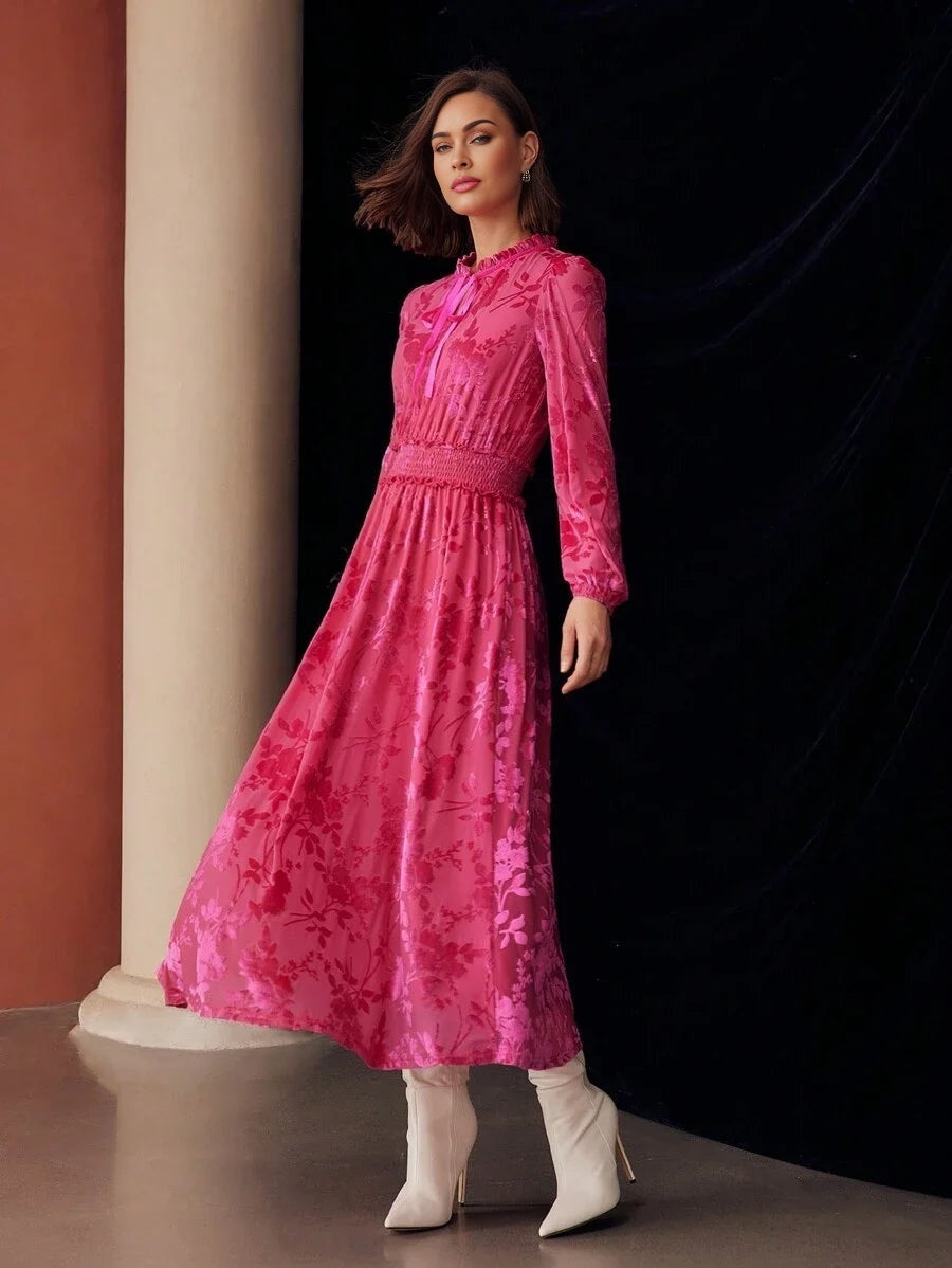 PREMIUM VELVET FLOWER JACQUARDnbspFRILL TIE NECK LANTERN SLEEVE SHIRRED WAIST MIDI DRESS FOR