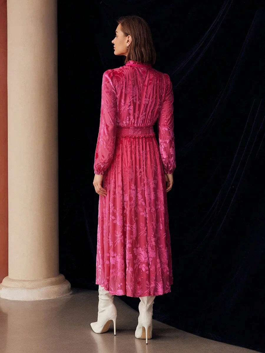 PREMIUM VELVET FLOWER JACQUARDnbspFRILL TIE NECK LANTERN SLEEVE SHIRRED WAIST MIDI DRESS FOR