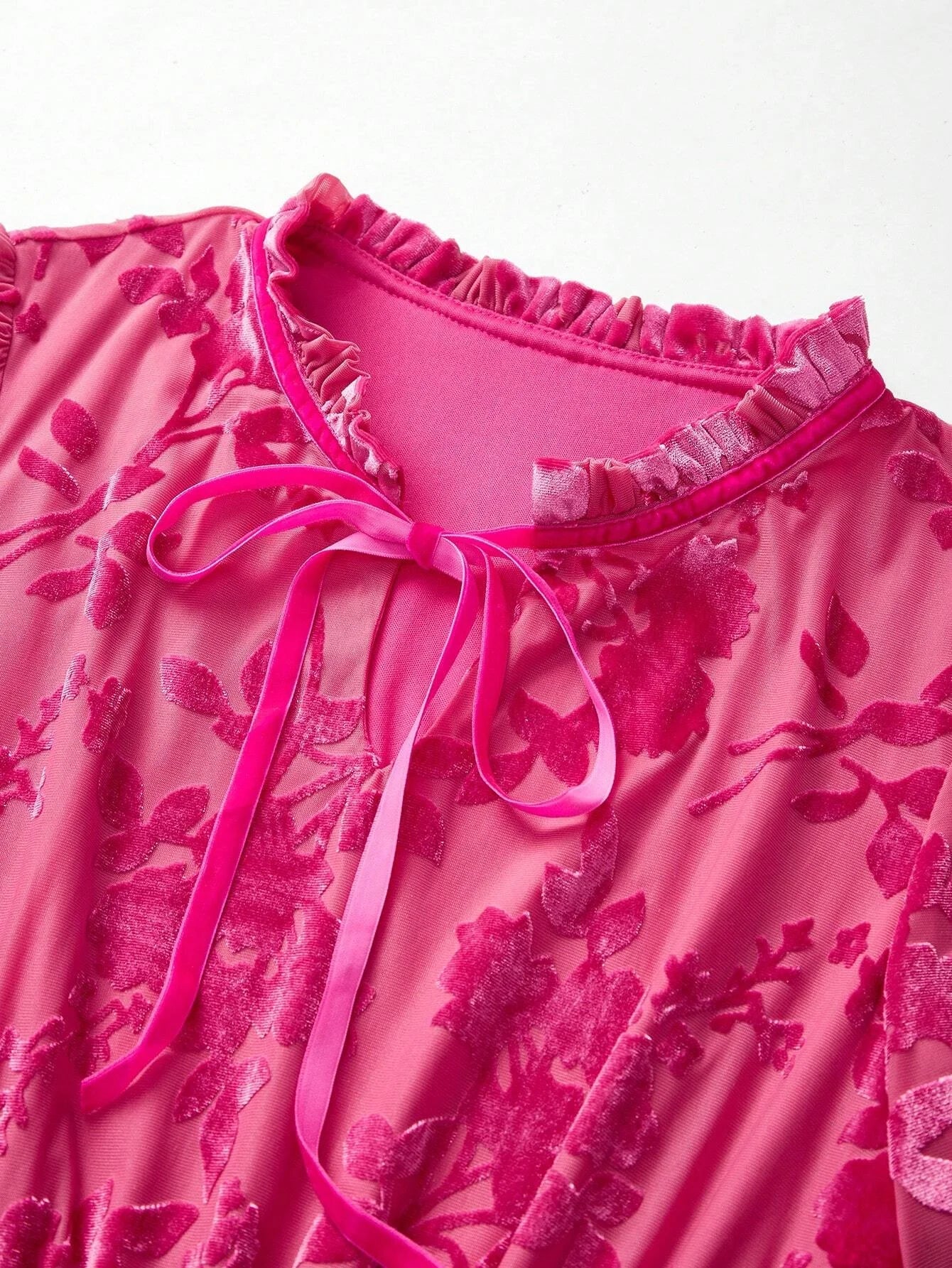 PREMIUM VELVET FLOWER JACQUARDnbspFRILL TIE NECK LANTERN SLEEVE SHIRRED WAIST MIDI DRESS FOR