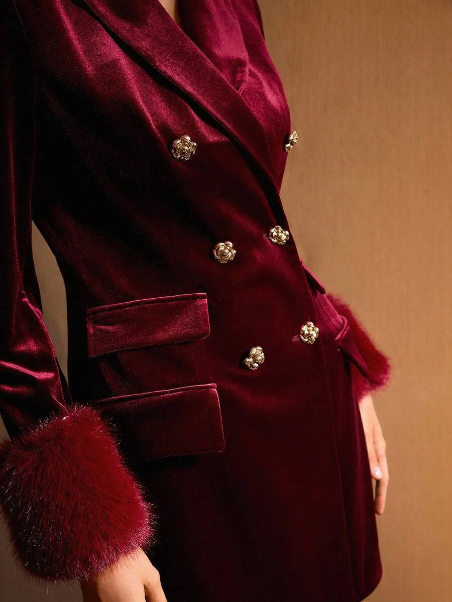 PREMIUM VELVET FUZZY PANEL DOUBLE BREASTED BLAZER DRESS