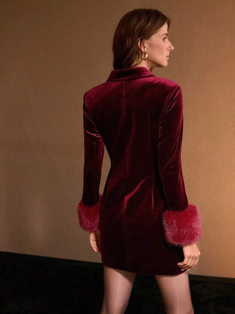 PREMIUM VELVET FUZZY PANEL DOUBLE BREASTED BLAZER DRESS