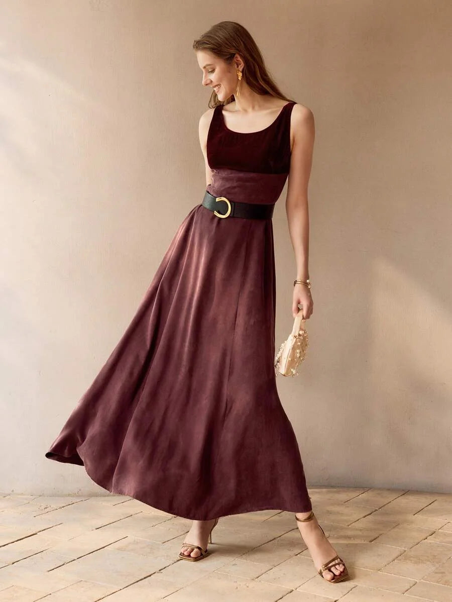 PREMIUM VELVET PANEL FLARE HEM DRESS WITHOUT BELT
