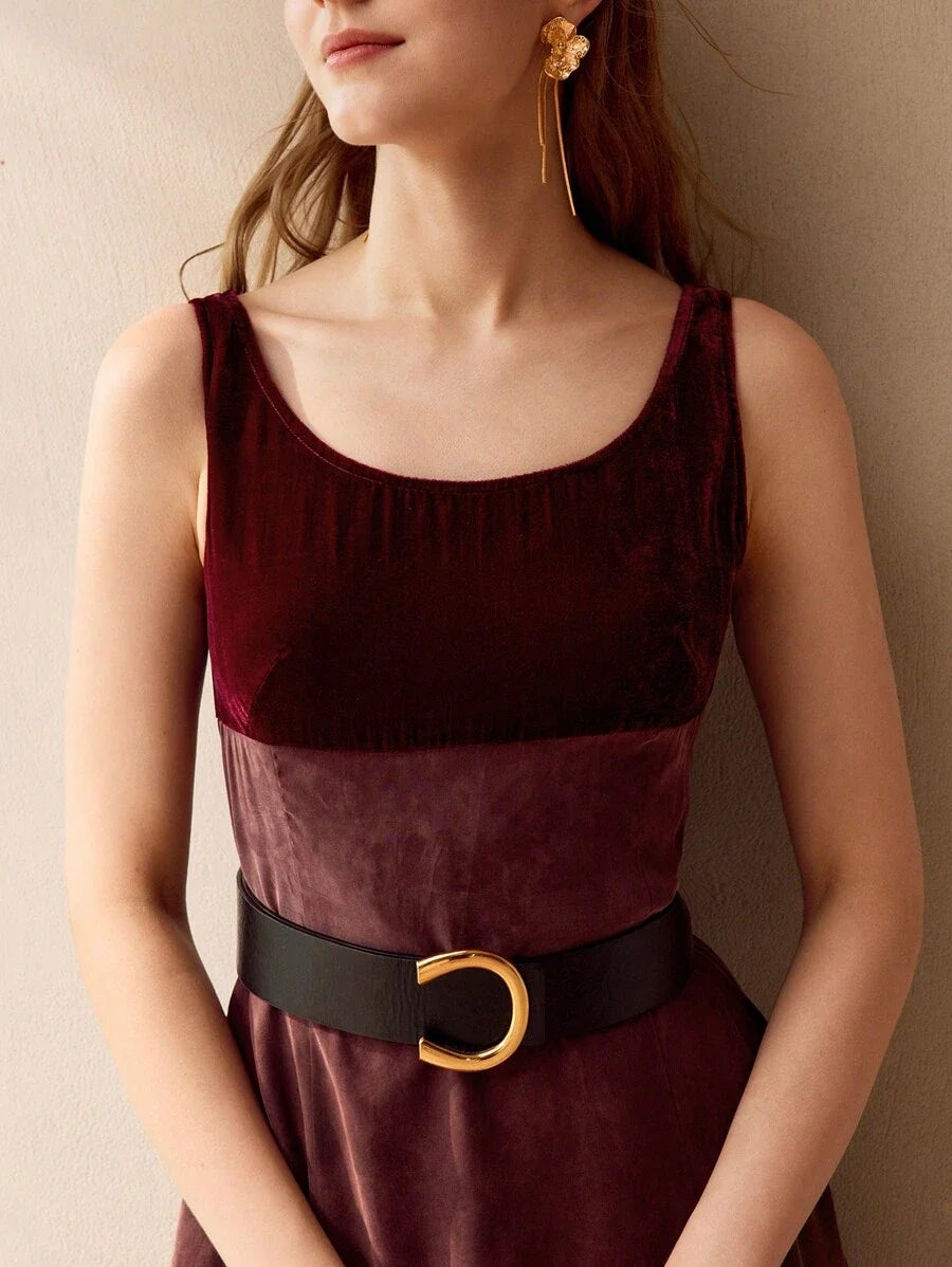 PREMIUM VELVET PANEL FLARE HEM DRESS WITHOUT BELT