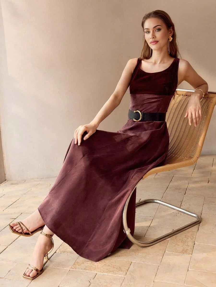 PREMIUM VELVET PANEL FLARE HEM DRESS WITHOUT BELT