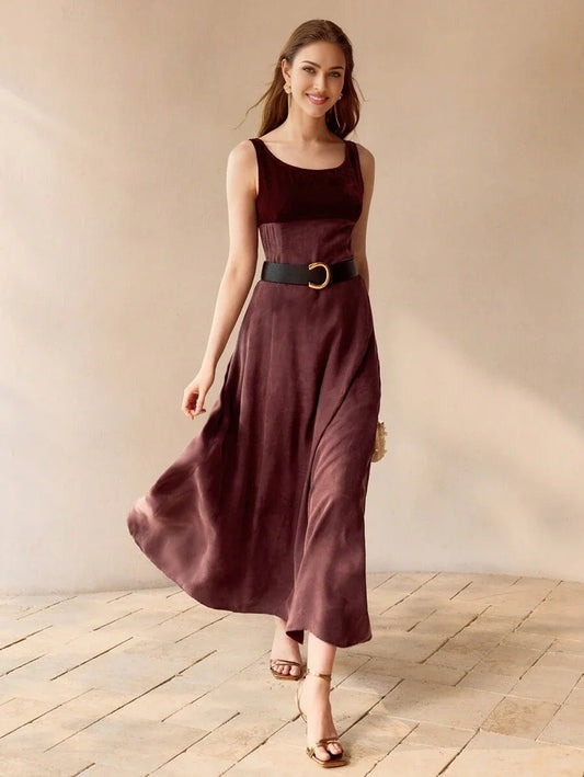 PREMIUM VELVET PANEL FLARE HEM DRESS WITHOUT BELT