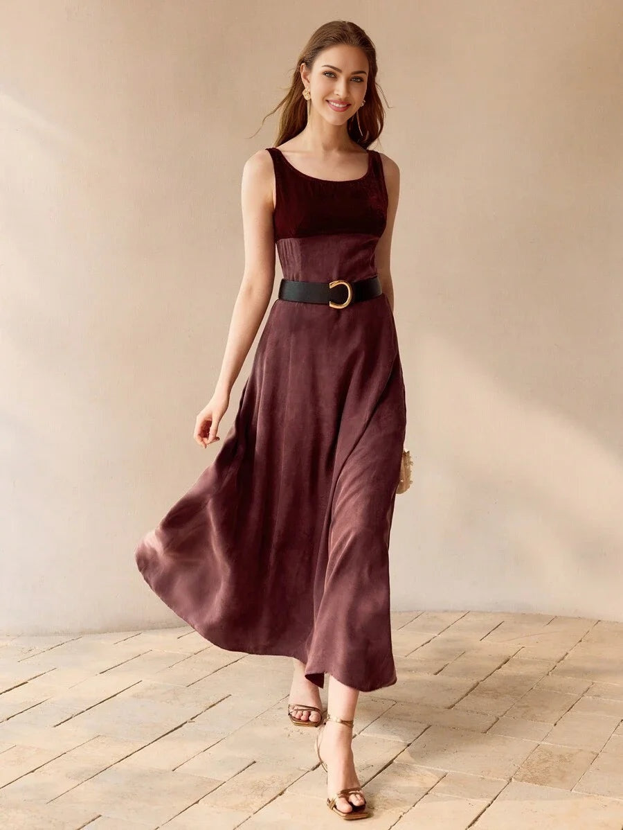 PREMIUM VELVET PANEL FLARE HEM DRESS WITHOUT BELT