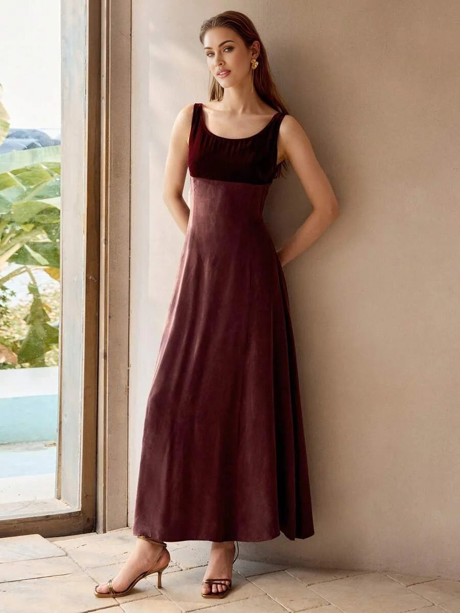 PREMIUM VELVET PANEL FLARE HEM DRESS WITHOUT BELT