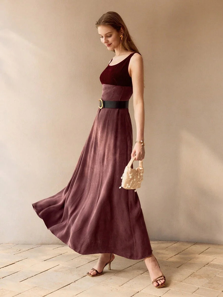 PREMIUM VELVET PANEL FLARE HEM DRESS WITHOUT BELT