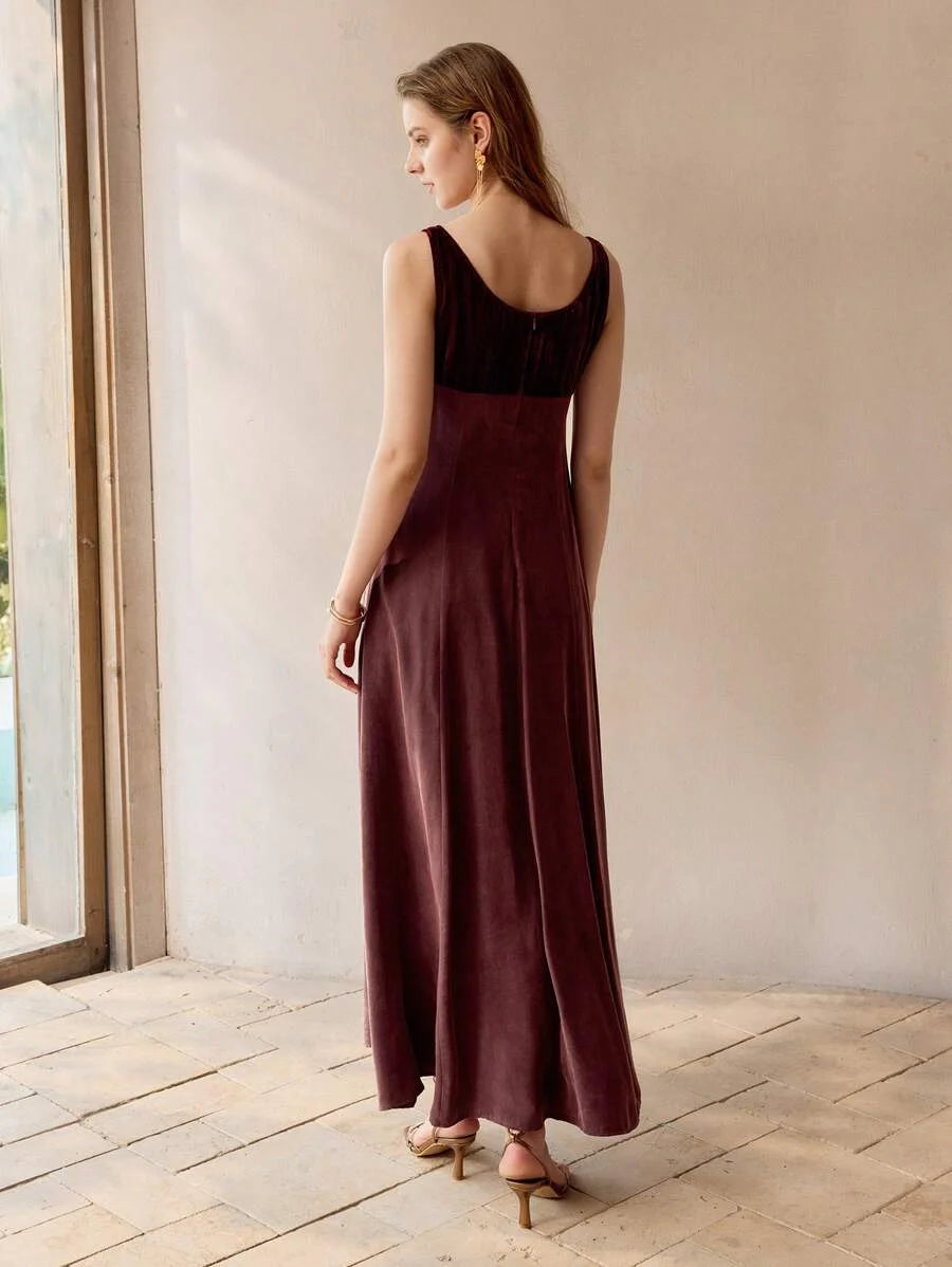 PREMIUM VELVET PANEL FLARE HEM DRESS WITHOUT BELT