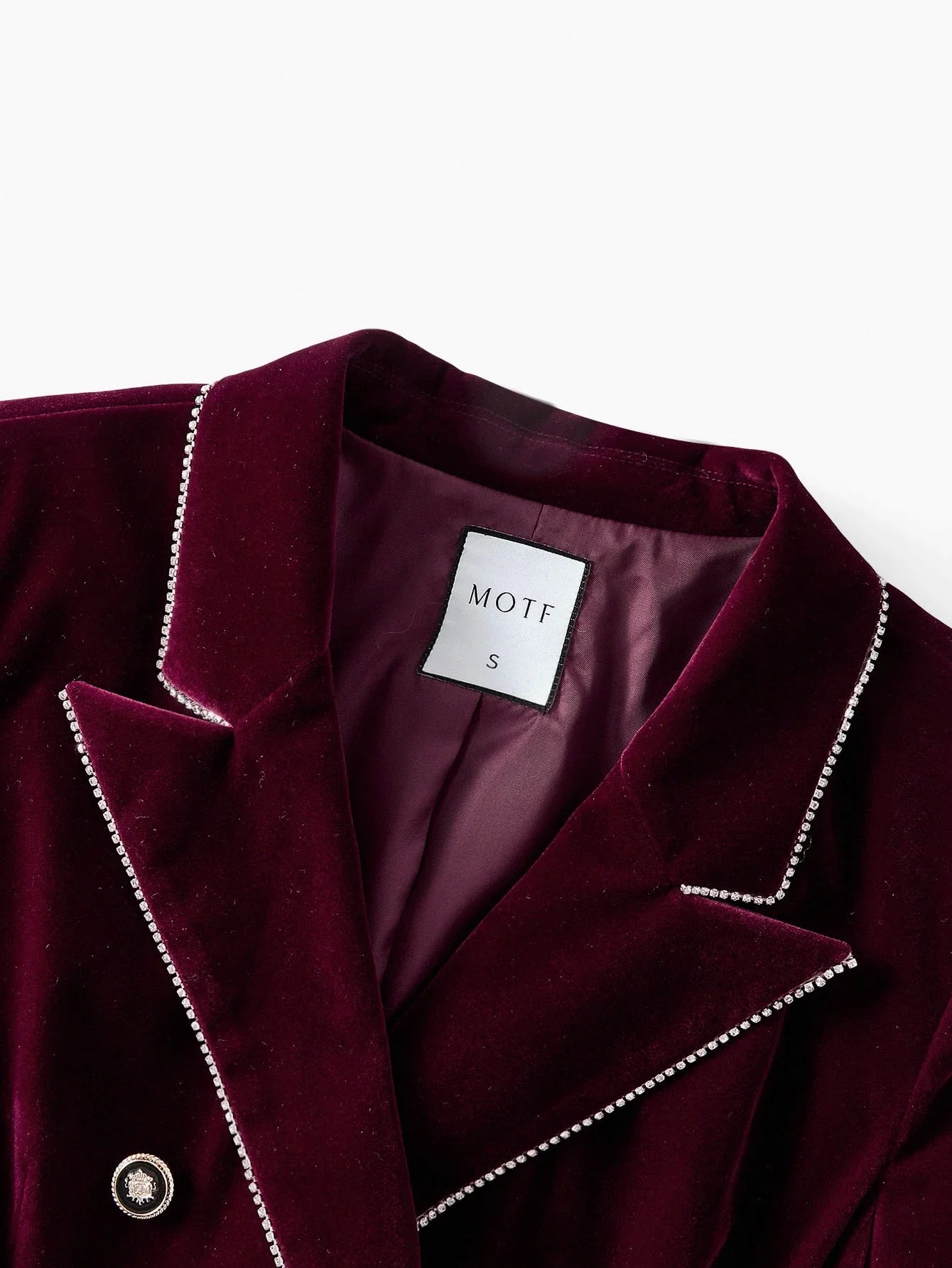 PREMIUM VELVET RHINESTONE TRIM PEAK COLLAR DOUBLE BREASTED PLACKET BLAZER