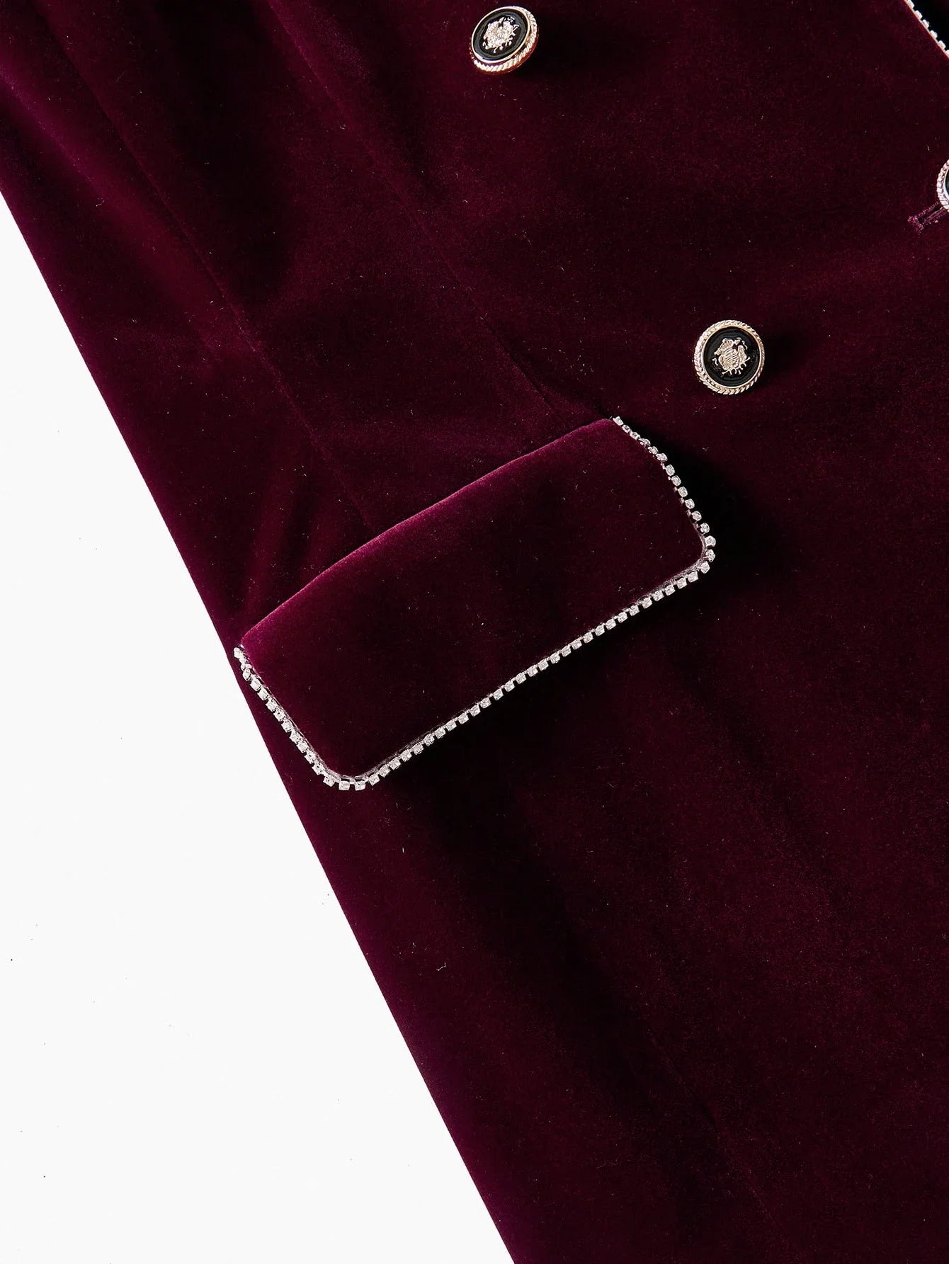 PREMIUM VELVET RHINESTONE TRIM PEAK COLLAR DOUBLE BREASTED PLACKET BLAZER