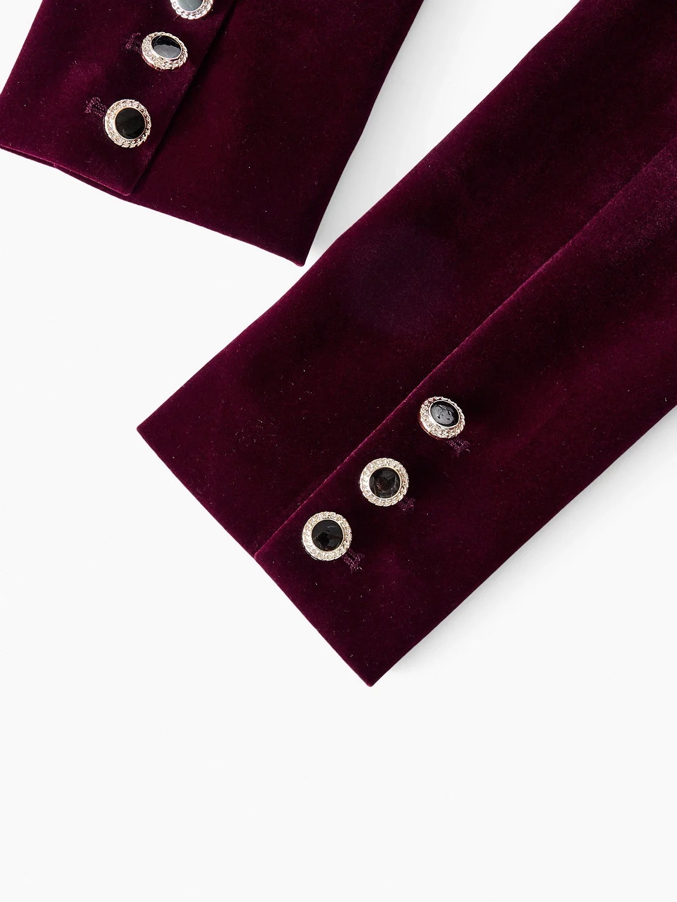 PREMIUM VELVET RHINESTONE TRIM PEAK COLLAR DOUBLE BREASTED PLACKET BLAZER