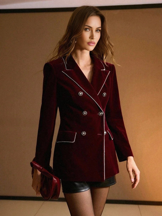 PREMIUM VELVET RHINESTONE TRIM PEAK COLLAR DOUBLE BREASTED PLACKET BLAZER